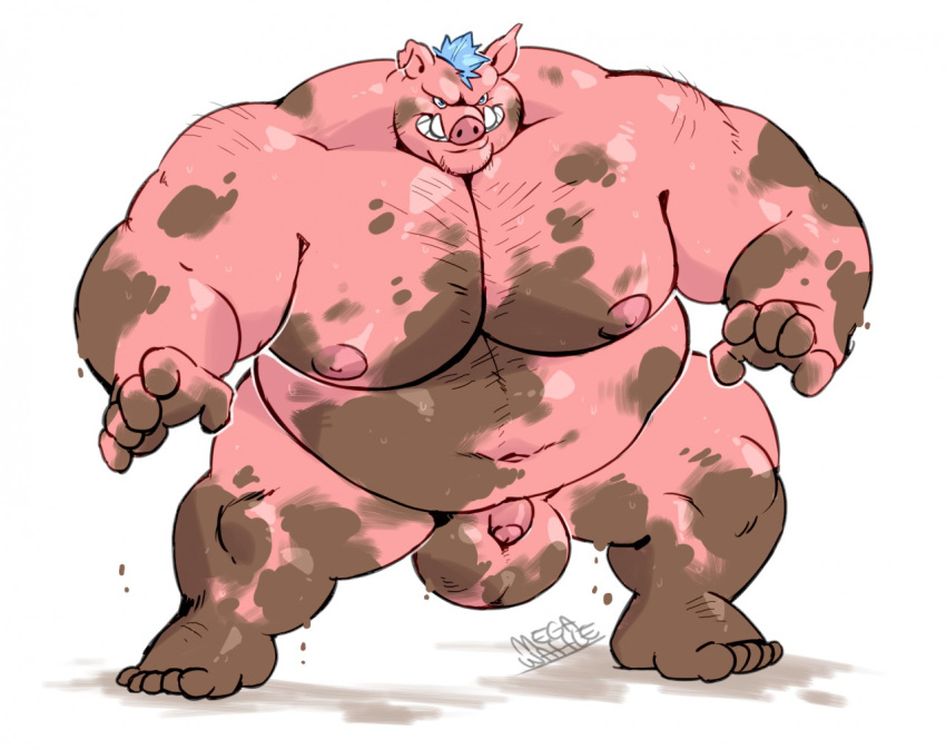 anthro balls big_balls big_balls_small_penis big_testicles domestic_pig genitals male male_only mammal megawaffle_(artist) muddy musclegut nude overweight_male penis round_belly small_penis solo suid suina sus_(pig)