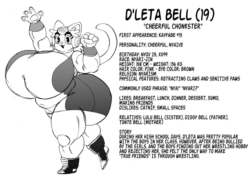 anthro bbw cat_humanoid catgirl character_sheet chubby cute d'leta_bell feline furry genkai_toppa_wrestling! goudadunn highres huge_ass huge_breasts overweight overweight_female skin_tight tight_clothing