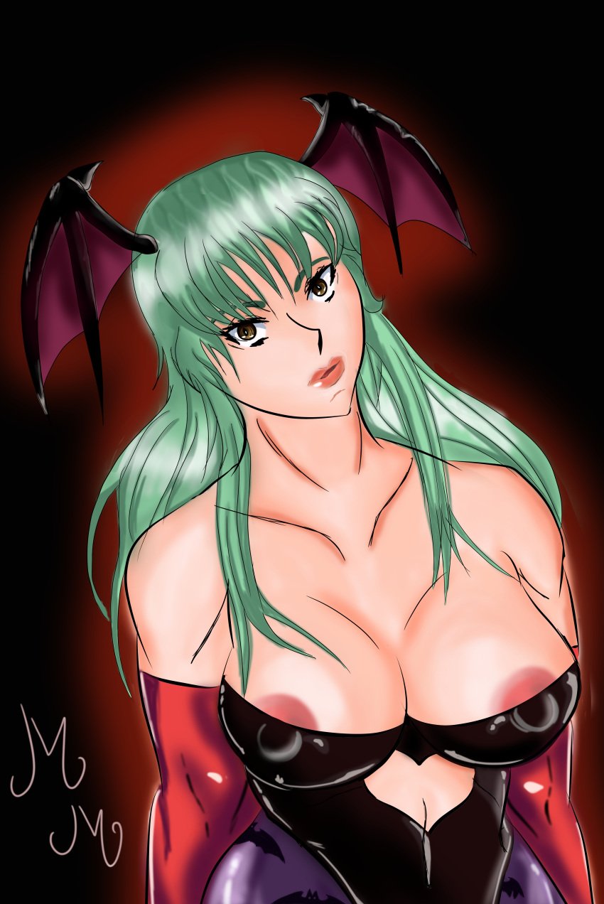 breasts clothing darkstalkers demon_girl erect_nipples erect_nipples_under_clothes green_hair head_wings morrigan_aensland muffynarts muffynmofado small_breasts succubus