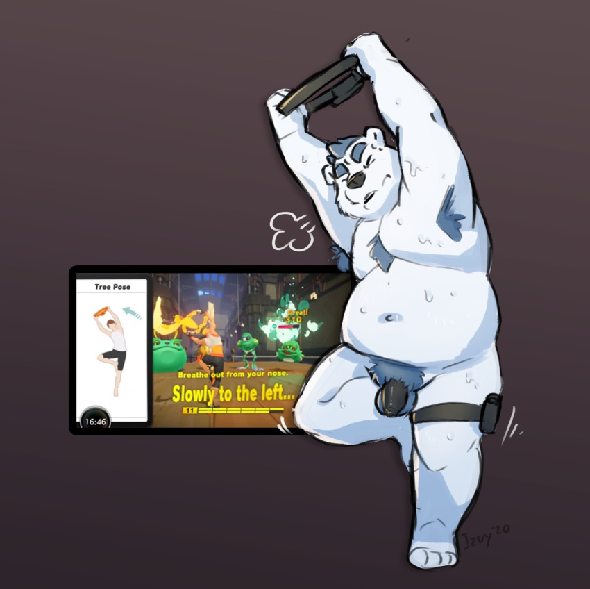 1boy 2020 anthro armpit_hair belly bodily_fluids body_hair casual electronics english_text exercise flaccid furry game_controller heavy_breathing hi_res humanoid_genitalia humanoid_hands humanoid_penis izvy_(artist) joycon_controller legwear male male_only mammal mostly_nude navel nintendo nude original_character overweight overweight_male penis pilates_ring polar_bear ring_fit_adventure ringcon_controller simple_background sketch solo sweat television testicles text ursid ursine video_games