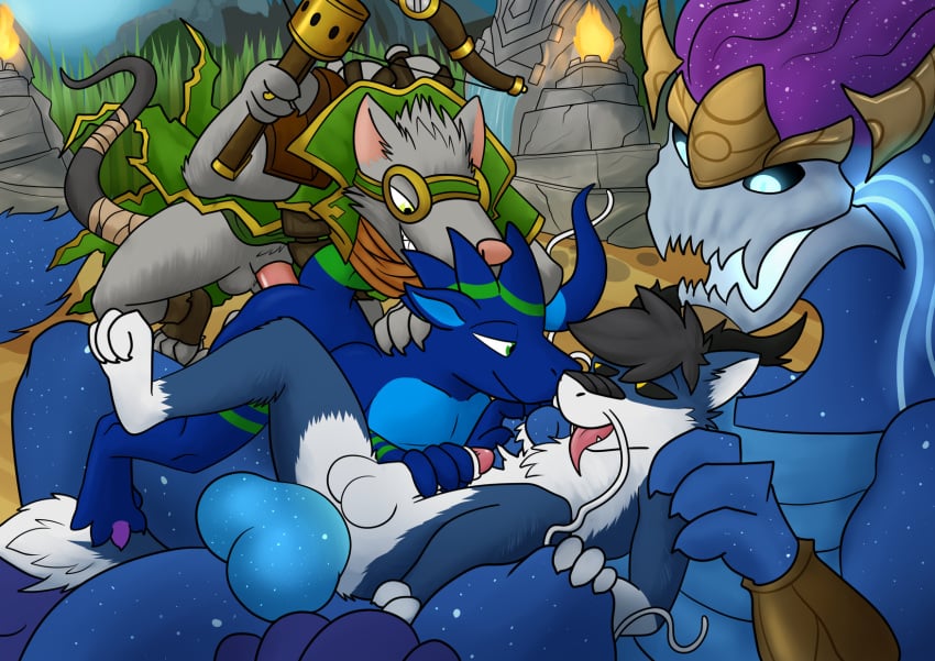 2020 4_fingers anal anal_sex anthro anthro_on_anthro anthro_penetrated anthro_penetrating anthro_penetrating_anthro aurelion_sol ball_size_difference balls blue_body blue_scales captainzepto chest_tuft clothing diadektrius dragon fingers fur fur_tuft genitals grass green_clothing grey_body grey_fur group hair hi_res holding_object league_of_legends looking_at_another lying male male/male male_penetrated male_penetrating male_penetrating_male mammal murid murine on_back outside penetration penile penile_penetration penis pink_tongue rat riot_games rodent scales spread_legs spreading toes tongue tuft twitch_(lol) video_games white_balls white_body white_fur white_penis