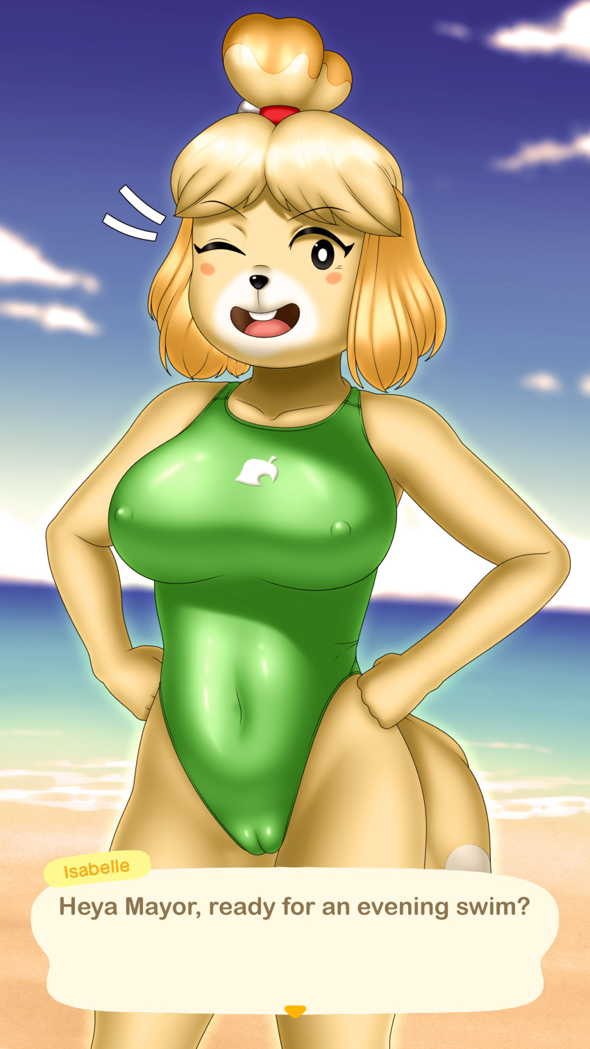 1girls 2020 absurd_res animal_crossing anthro beach big_breasts biped blonde_hair blush breasts buffbumblebee cameltoe canid canine canis clothed clothing cloud detailed_background dialogue domestic_dog english_text eyebrows eyelashes female female_only fingers front_view fur hair happy hi_res isabelle_(animal_crossing) looking_at_viewer mammal navel nintendo nipple_bulge one-piece_swimsuit one_eye_closed open_mouth outdoors pokies portrait pose sand sea seaside shih_tzu sky smile solo solo_female speech_bubble sport_swimsuit standing swimwear text three-quarter_portrait tight_clothing tongue toy_dog video_games water widescreen wink yellow_body yellow_fur