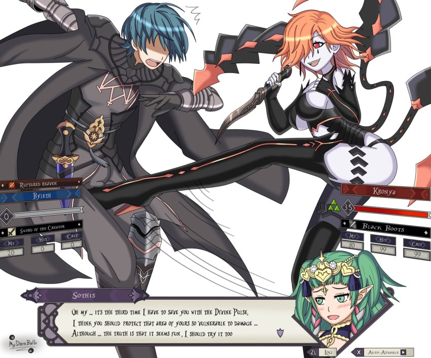 ball_busting ballbusting blue_hair boots breasts byleth_(fire_emblem) byleth_(fire_emblem)_(male) cock_and_ball_torture crotch_kick dagger femdom fire_emblem fire_emblem:_three_houses gameplay_mechanics goddess green_eyes green_hair kick kronya_(fire_emblem) mydarkballs mydarktesticles nabatean_(fire_emblem) orange_hair red_eyes simple_background sothis_(fire_emblem) text weapon white_background