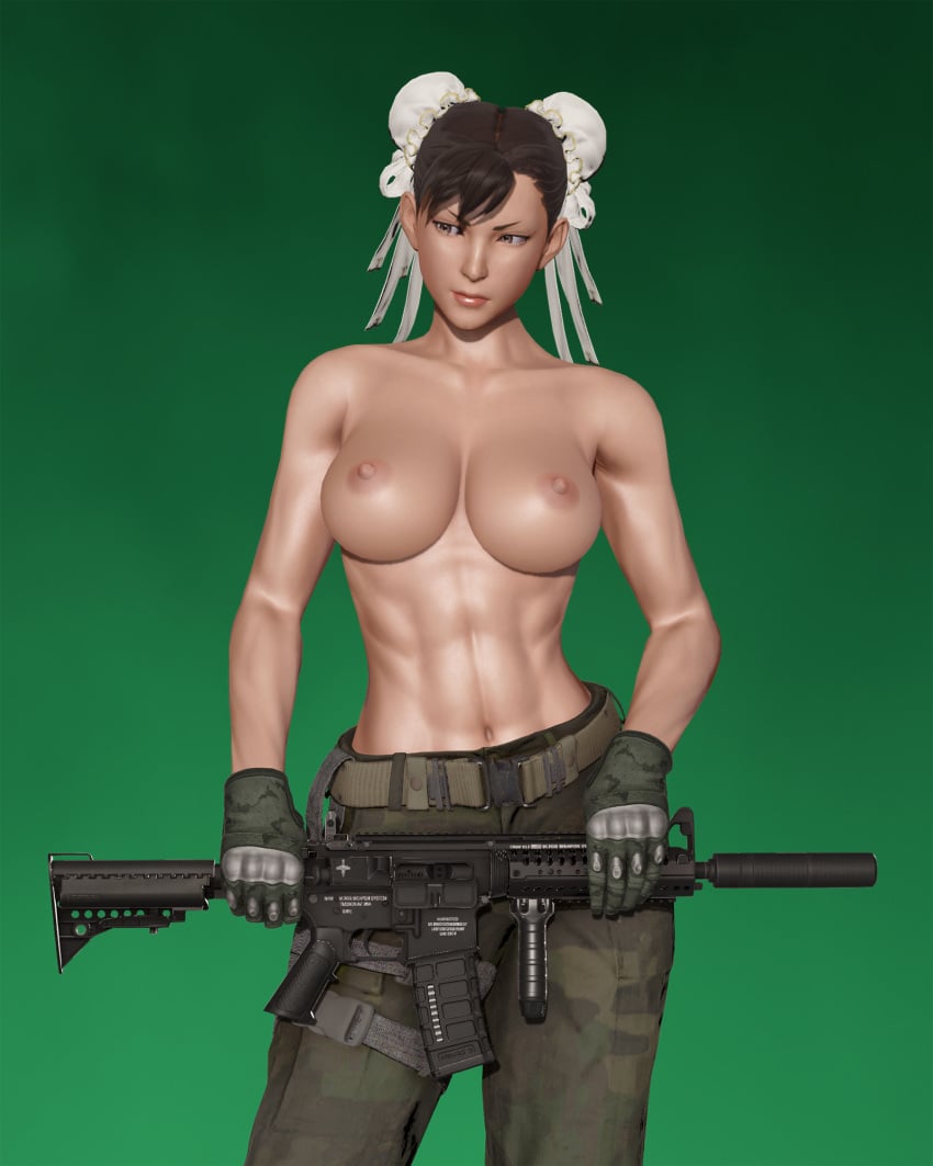 1girls 3d abs areolae assault_rifle belt bottomwear breasts brown_hair bun_cover camouflage capcom chun-li collarbone double_bun female female_only firearm gloves gradient_background green_background gun hair_bun handwear highres human large_breasts muscles muscular_female navel nipples perky_breasts ranged_weapon rifle shintakeh simple_background solo standing street_fighter suppressor topless weapon