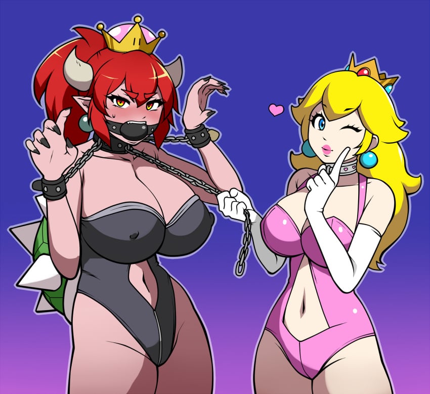 2018 2girls alternate_species angry animal_humanoid ball_gag big_breasts blonde_hair blue_background blue_eyes blush bondage bound bowsette breasts chain_leash chains clothing collar crown duo ear_piercing erect_nipples female female_focus female_only femdom femsub gag gagged genderswap hair helpless hi_res horn horned_humanoid human humanoid jam-orbital koopa_humanoid leash leash_pull leotard lesbian lezdom lezsub looking_at_viewer mammal mario_(series) multiple_girls navel new_super_mario_bros._u_deluxe nintendo nipple_outline piercing pokies ponytail princess_peach red_bowsette red_hair restrained role_reversal rule_63 scalie scalie_humanoid simple_background size_difference small_dom_big_sub smile super_crown super_mario_bros. tight_clothing video_games wrist_cuff yellow_eyes yuri