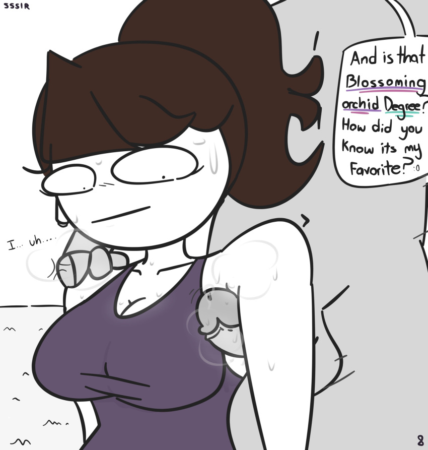 1boy 1girls 2020 airpods armpit armpit_fetish armpit_sex armpits big_breasts bimbo breasts brown_hair busty comic dialogue female grey_skin huge_breasts huge_cock jaiden jaiden_animations jaiden_smut ponytail short_hair simple_background slobbyslapper speech_bubble sssir sssir8 sweat text white_background white_skin youtube youtuber