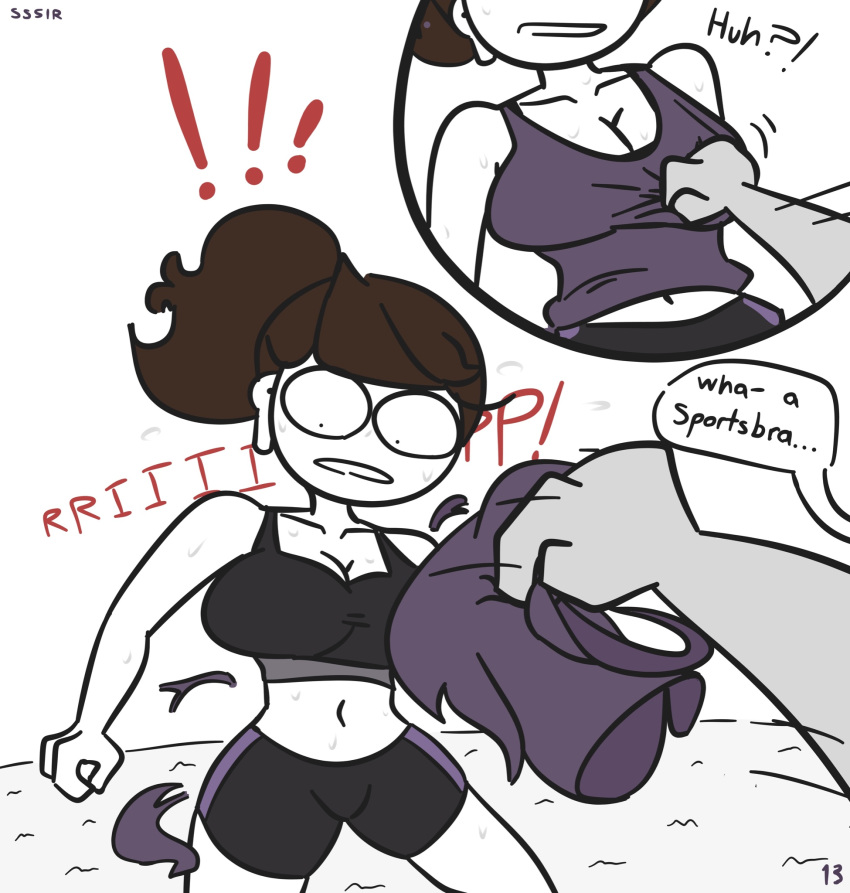 1boy 1girls 2020 airpods big_breasts bimbo booty_shorts breasts brown_hair busty clothing comic dialogue female grey_skin huge_breasts imminent_rape jaiden jaiden_animations jaiden_smut ponytail short_hair simple_background slobbyslapper speech_bubble sports_bra sssir sssir8 sweat text white_background white_skin youtube youtuber