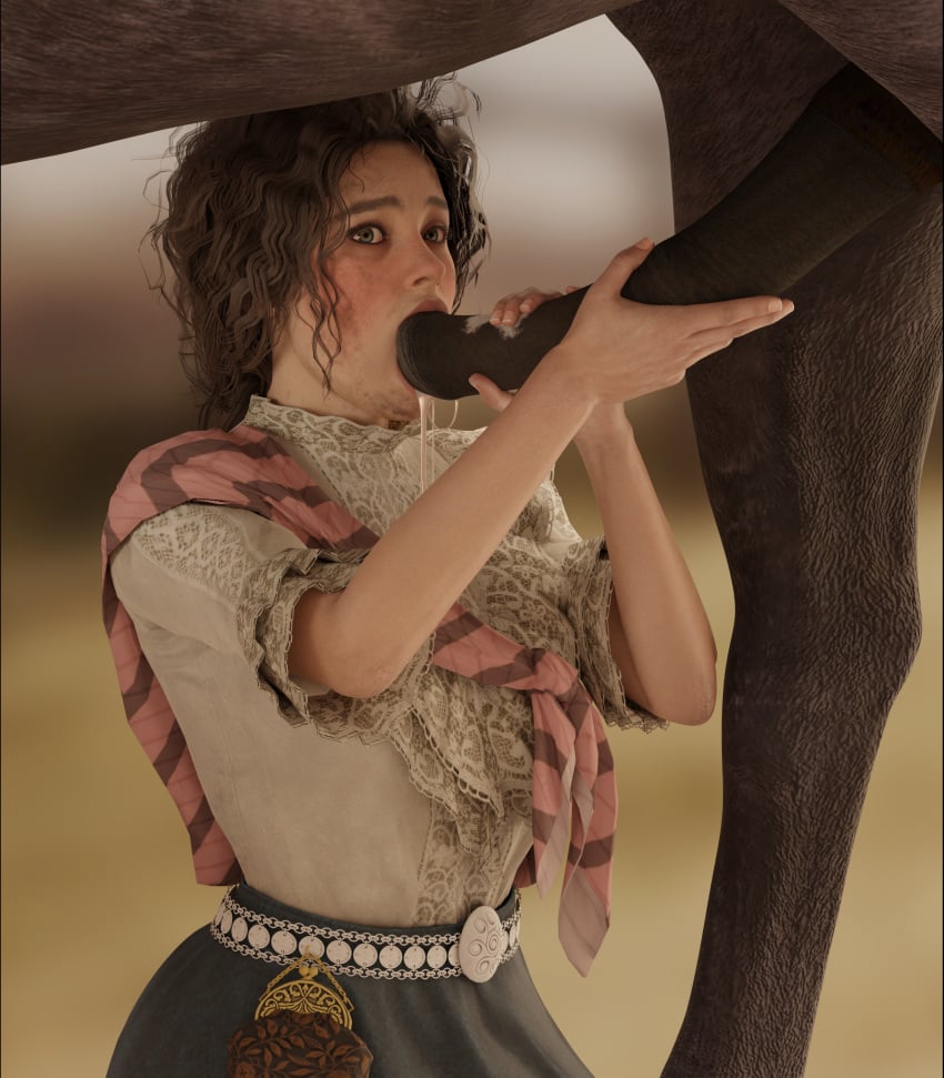 3d bestiality brown_hair cum cum_drip cum_in_mouth emberstock fellatio female green_eyes harriet_davenport horse large_penis on_knees partial_male red_dead_online red_dead_redemption_(series) red_dead_redemption_2 zoophilia