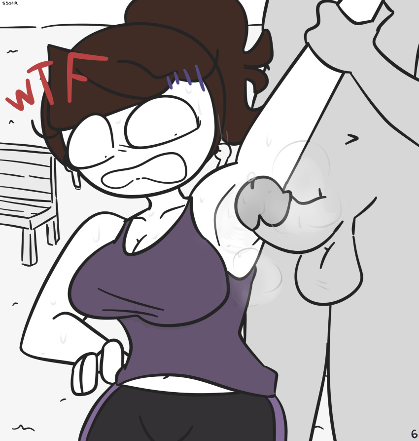 1boy 1girls 2020 airpods armpit armpit_fetish armpits arms_up big_breasts bimbo booty_shorts breasts brown_hair busty comic dialogue female grey_skin huge_breasts imminent_rape imminent_sex jaiden jaiden_animations jaiden_smut penis ponytail short_hair simple_background slobbyslapper sssir sssir8 sweat text white_background white_skin youtube youtuber