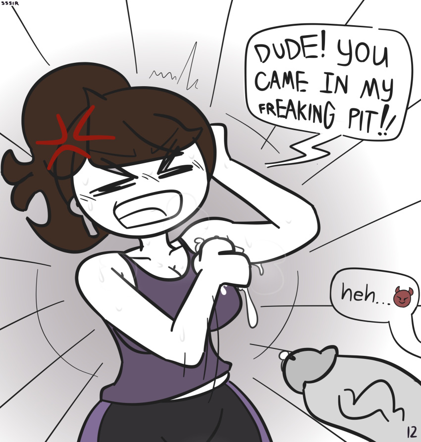 1boy 1girls 2020 airpods anger_vein angry armpit armpit_fetish armpits big_breasts bimbo booty_shorts breasts brown_hair busty comic cum cum_on_armpit dialogue emoji female grey_skin huge_breasts huge_cock jaiden jaiden_animations jaiden_smut penis ponytail simple_background slobbyslapper speech_bubble sssir sssir8 sweat text white_background white_skin youtube youtuber