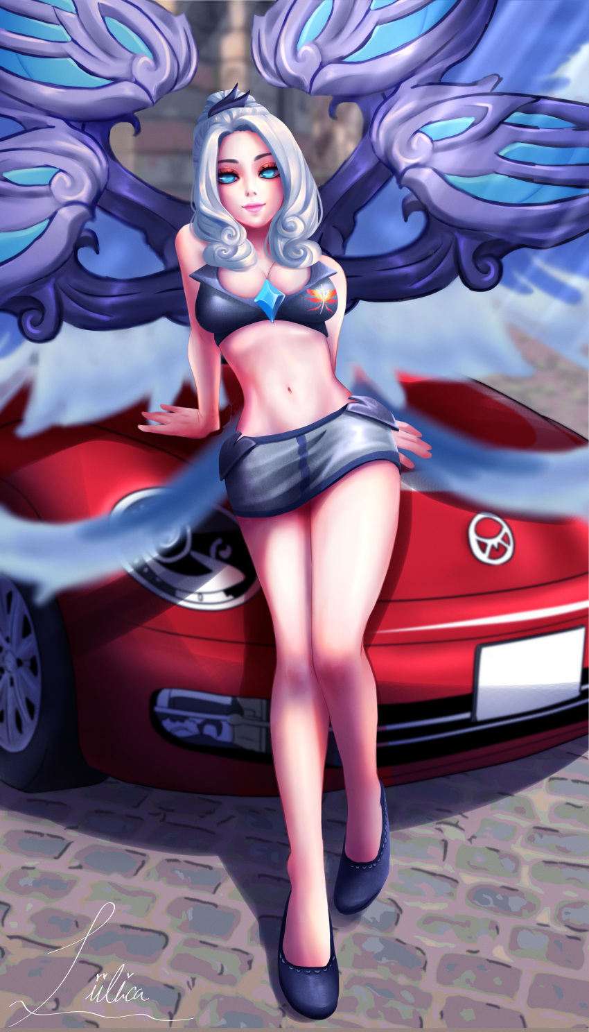1girls angel_wings blue_eyes car female kayle league_of_legends liilica race_queen white_hair wings