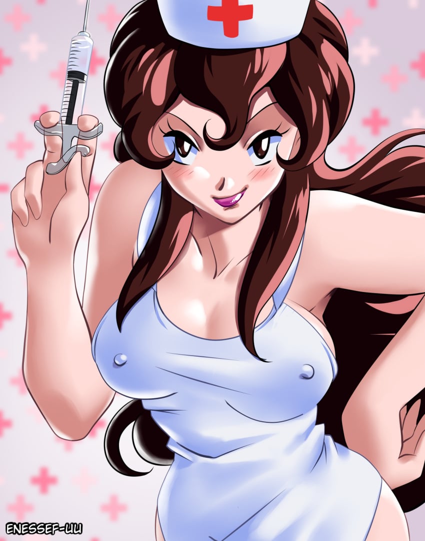 1girls apron apron_only blush breasts brown_eyes brown_hair enessef-uu erect_nipples giselle_(pokemon) hand_on_hip human lipstick nintendo nipples nurse_cap pokemon pokemon_rse syringe text watermark