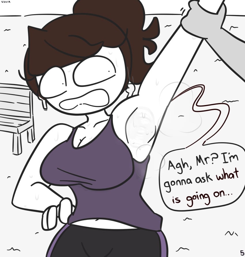 1boy 1girls 2020 airpods armpit armpit_fetish armpits big_breasts bimbo booty_shorts breasts brown_hair busty comic dialogue english_text female grey_skin huge_breasts jaiden jaiden_animations jaiden_smut ponytail short_hair simple_background slobbyslapper speech_bubble sssir sssir8 sweat text white_background white_skin youtube youtuber