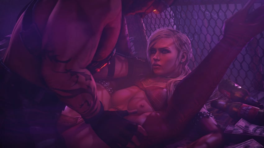 1boy 1girls 3d 3d_(artwork) age_difference alleyway alternate_costume ambiguous_consent beer_bottle big_penis blonde_hair cassie_cage clothed_sex cybernetics detailed_background elbow_gloves enemies enemies_with_benefits female fingerless_gloves kano_(mortal_kombat) money mortal_kombat mortal_kombat_11 older_male qiousfm sex straight thighhigh_boots younger_female