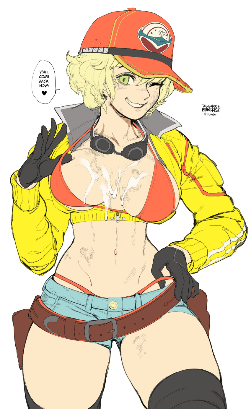 ! 1girls absurdres artist_name baseball_cap belt bikini bikini_under_clothes blonde_hair boots breasts brekkist cap cindy_aurum clothing collarbone cowboy_shot cropped_jacket cum cum_on_breasts cum_on_clothes cum_on_upper_body curvy denim_shorts dialogue english_text eyewear female female_only final_fantasy final_fantasy_xv footwear front_view gloves goggles goggles_around_neck grease green_eyes hand_on_hip handwear hat heart highres human jacket large_breasts legwear looking_at_viewer mechanic midriff navel red_bikini short_hair short_shorts shorts signature simple_background smile solo speech_bubble spoken_heart standing text thick_thighs thighhighs toned toned_female unzipped white_background wink