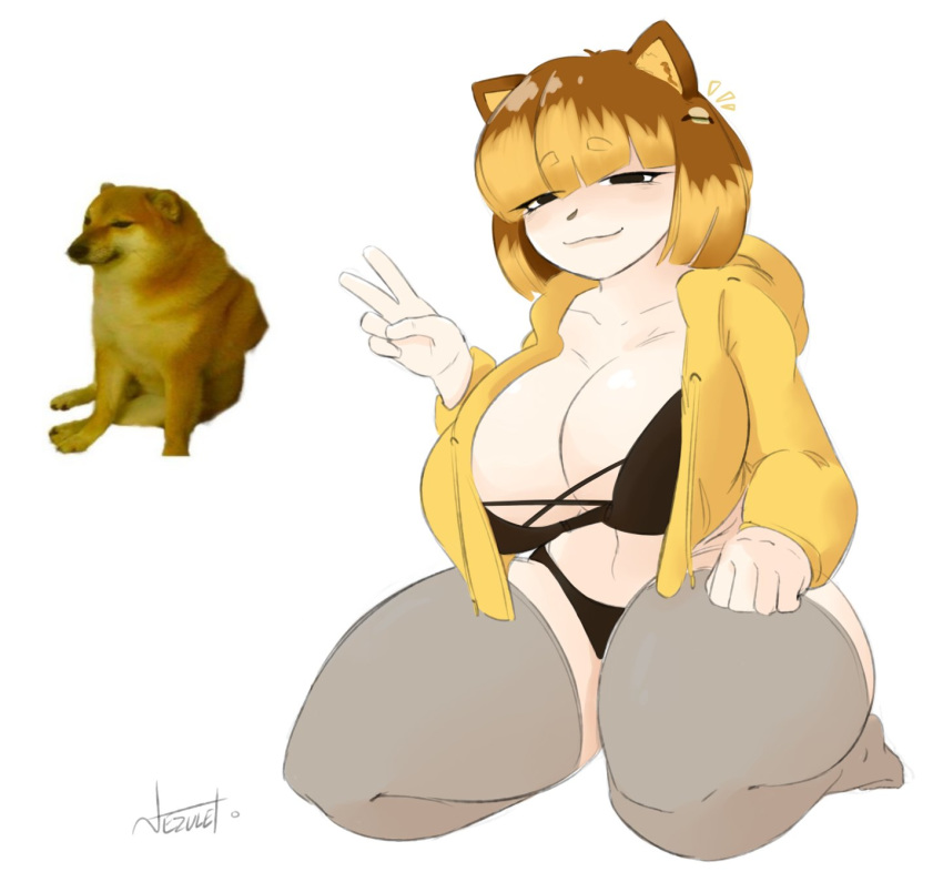 1girls big_breasts cheems dog dog_ears dog_girl humanized large_breasts meme nezulet peace_sign r/dogelore sitting tagme thick_thighs white_background