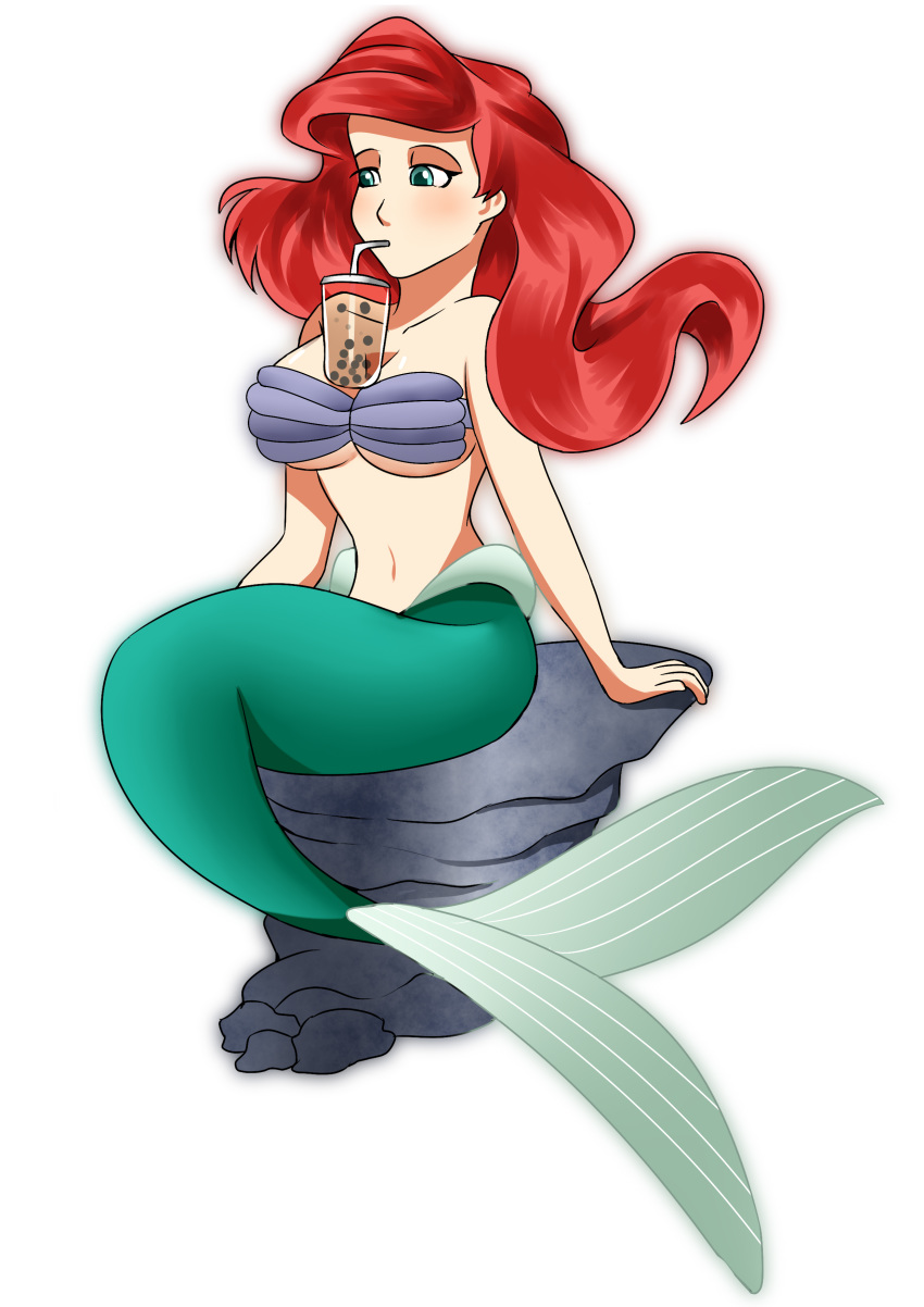 1girls ariel between_breasts blue_eyes bubble_tea bubble_tea_challenge disney drinking_straw female female_only green_tail hi_res jpeg mermaid muhammadrahmady red_hair seashell_bra sitting solo the_little_mermaid