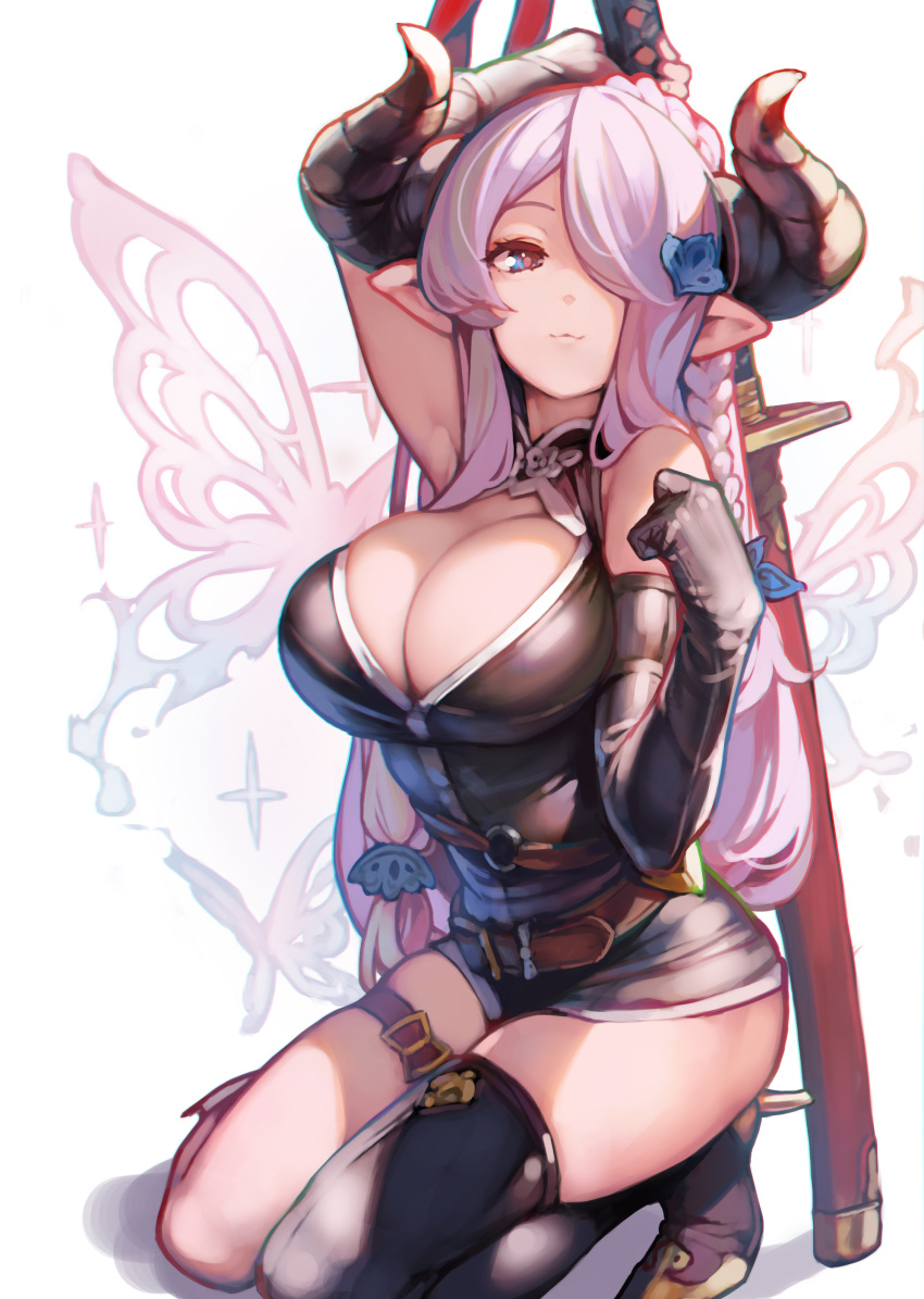 1girls ataruman big_breasts breasts cleavage draph_race_(granblue_fantasy) female female_only granblue_fantasy huge_breasts large_breasts looking_at_viewer narmaya_(granblue_fantasy) one_eye_covered one_eye_obstructed pointy_ears solo