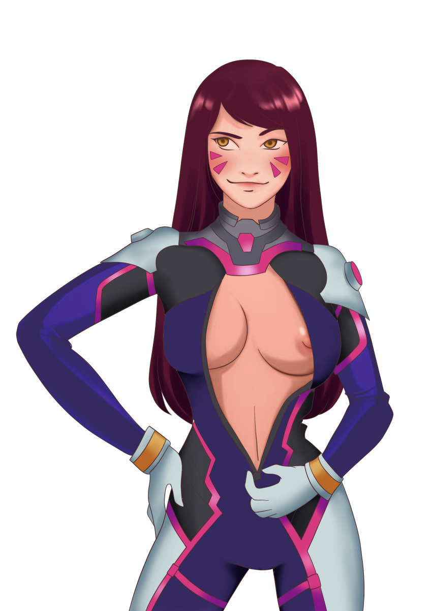 brown_hair d.va evelicious facepaint female_only long_hair nipple_slip nipples overwatch simple_background solo_female standing unzipped_bodysuit