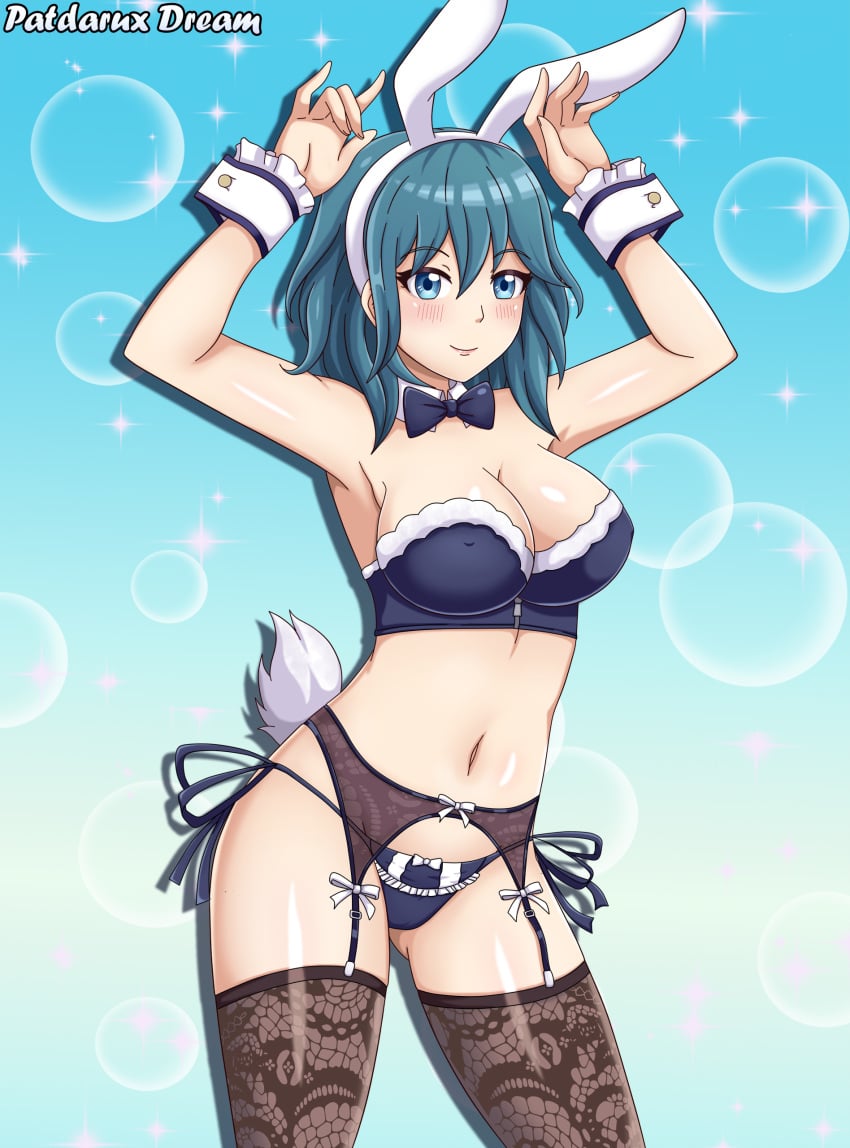 1girls alternate_costume animal_ears ass_visible_through_thighs blue_background blue_eyes blue_hair blue_theme blush bowtie breasts bubble_background bunny_ears bunny_girl bunny_tail byleth_(fire_emblem) byleth_(fire_emblem)_(female) cleavage female female_only fire_emblem fire_emblem:_three_houses garter_belt leggings lipstick looking_at_viewer mostly_nude nintendo nipple_bulge panties patdarux patdarux_dream revealing_clothes shiny_skin skimpy_clothes solo stockings thighhighs