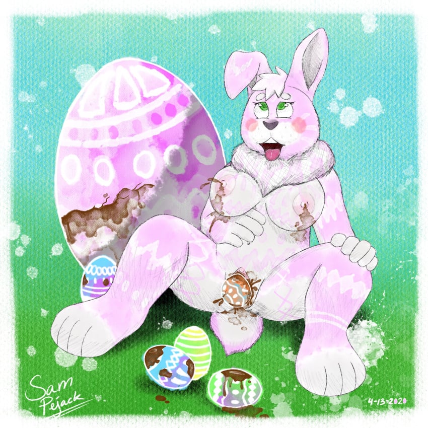 1:1 breasts candy chocolate chocolate_milk easter easter_bunny feces female food fur genitals hi_res holidays lagomorph leporid mammal pink_body pink_fur pussy rabbit samuel_pejack scat white_body white_fur