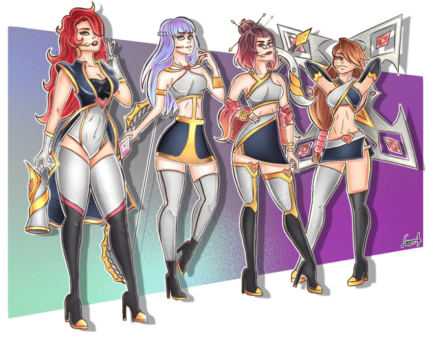 4girls alternate_costume ashe_(league_of_legends) female league_of_legends looking_over_eyewear looking_over_glasses lunerik miss_fortune multiple_girls sivir sunglasses tinted_eyewear vayne