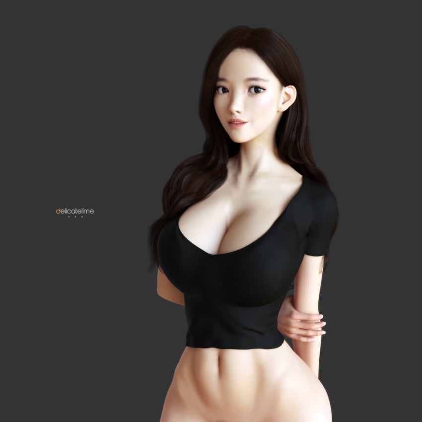 2017 3d asian big_breasts black_hair black_shirt breasts cleavage curvy curvy_figure daz3d delicatelime female female_only genesis3female iray long_hair low_cut_top midriff midriff_baring_shirt oc original_character solo solo_female