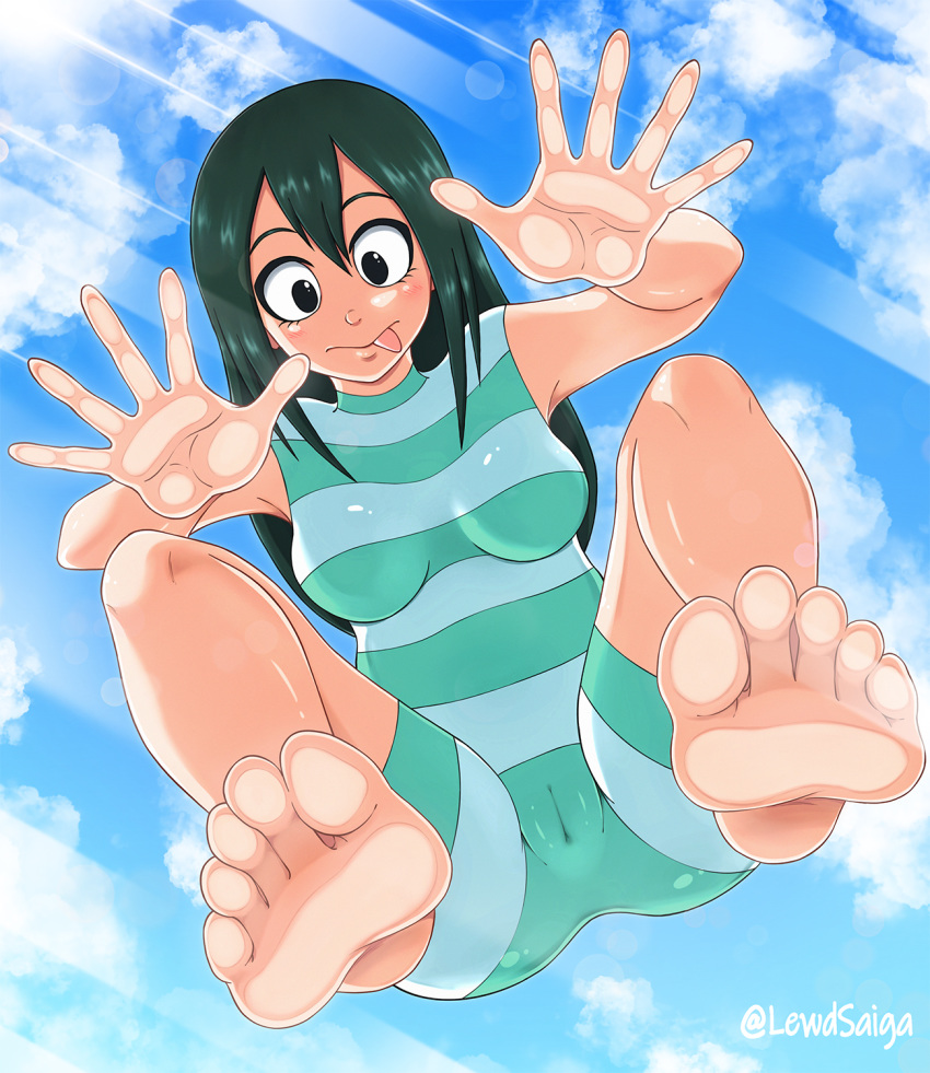 1girls 5_fingers against_glass animal_humanoid areolae barefoot big_ass black_eyes blush cameltoe eyelashes feet feet_on_glass female female_focus female_only from_below green_hair hand_on_glass highres lewdsaiga light_skin long_hair looking_at_viewer my_hero_academia one-piece_swimsuit one_piece_swimsuit pov_feet shiny_skin sky soles solo spread_legs swimsuit thick_thighs toes tongue tongue_out tsuyu_asui wide_hips