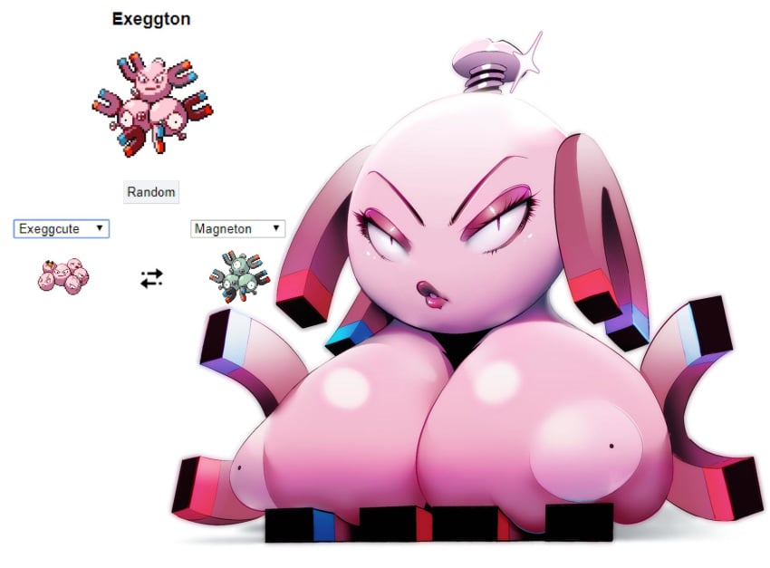 1girls angry anthro areolae big_breasts breasts cleavage english_text exeggcute eye_contact eyelashes female female_only fusion half-closed_eyes huge_breasts hybrid looking_at_viewer magneton makeup nintendo official_art picturd pixel_art pokémon_(species) pokemon pokemon_rgby rarecoil solo tamatama_(pokemon) text white_background