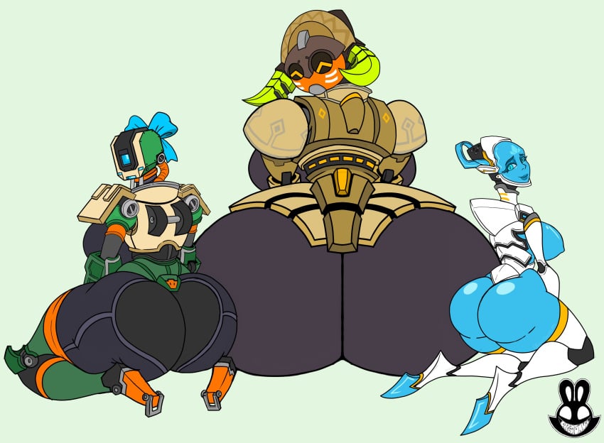 2020 2d ass bastion_(overwatch) big_ass blizzard_entertainment blue_eyes blue_skin breasts butt_crack butt_focus christomwow echo_(overwatch) female genderswap_(mtf) hi_res highres huge_butt looking_at_viewer omnic orisa overwatch overwatch_2 robot rule_63 sitting smile