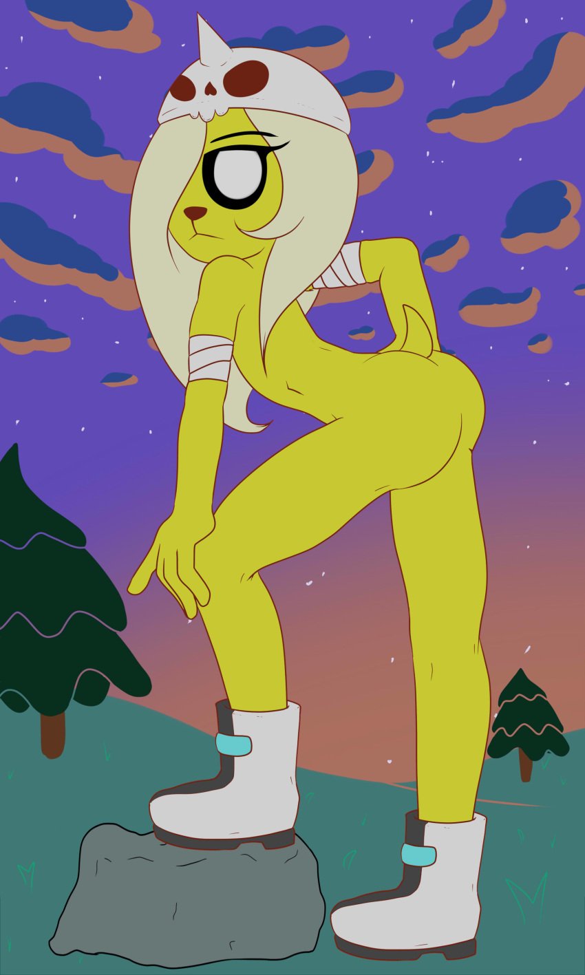 absurd_res adventure_time anthro ass boots bronwyn butt_pose canid canine canis cartoon_network clothing domestic_dog female footwear helmet hi_res kamikiller mammal mostly_nude night nude outdoors pose rock solo sports_tape tree