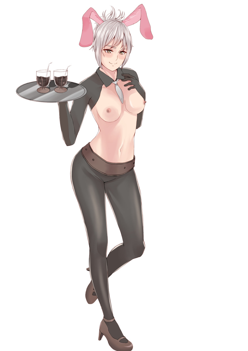 1girls belt breasts bunny_ears bunnysuit drinks firdausfaizin half-dressed heels league_of_legends nipples pantyhose pink_nipples reverse_bunnysuit riven short_hair tie_between_breasts tray white_hair