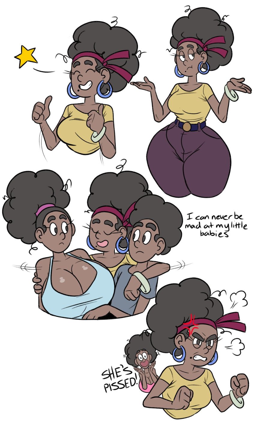 afro angry ass big_ass big_breasts black_eyes breasts clenched_teeth closed_eyes comic dark-skinned_female dark-skinned_male daughter_is_bigger female male mother mother_and_daughter mother_and_son shrug small_breasts smile text thick_thighs thumbs_up wappah wappah_wilson_(wappah) wappai_wilson_(wappah) whoopie_fitzgerald_(wappah)