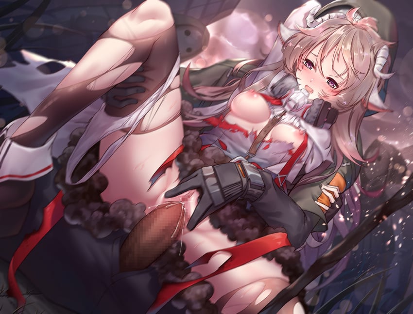 arknights breasts brown_hair censored cum dark-skinned_male eyjafjalla_(arknights) female horns multiple_boys nipples outdoors panties panties_around_one_leg pussy rape respirator reunion_soldier_(arknights) reverse_cowgirl_position sex sheep_horns spread_legs straddling ten_no_hoshi torn_clothes torn_legwear underwear vaginal_penetration white_panties