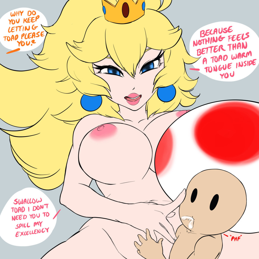 big_breasts bodily_fluids breasts dialogue female genital_fluids hi_res human larger_female lyn_nyl male mammal mario_(series) nintendo nipples nude princess_peach pussy_juice size_difference toad_(mario) video_games