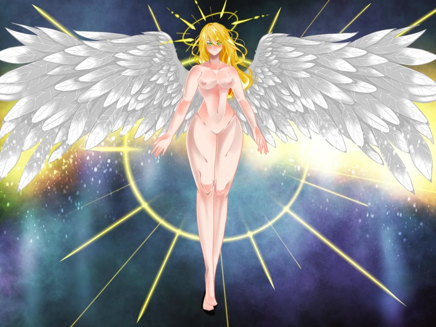 1girls angel angel_wings blonde_hair completely_nude etheryial female green_eyes kayle league_of_legends nude wings