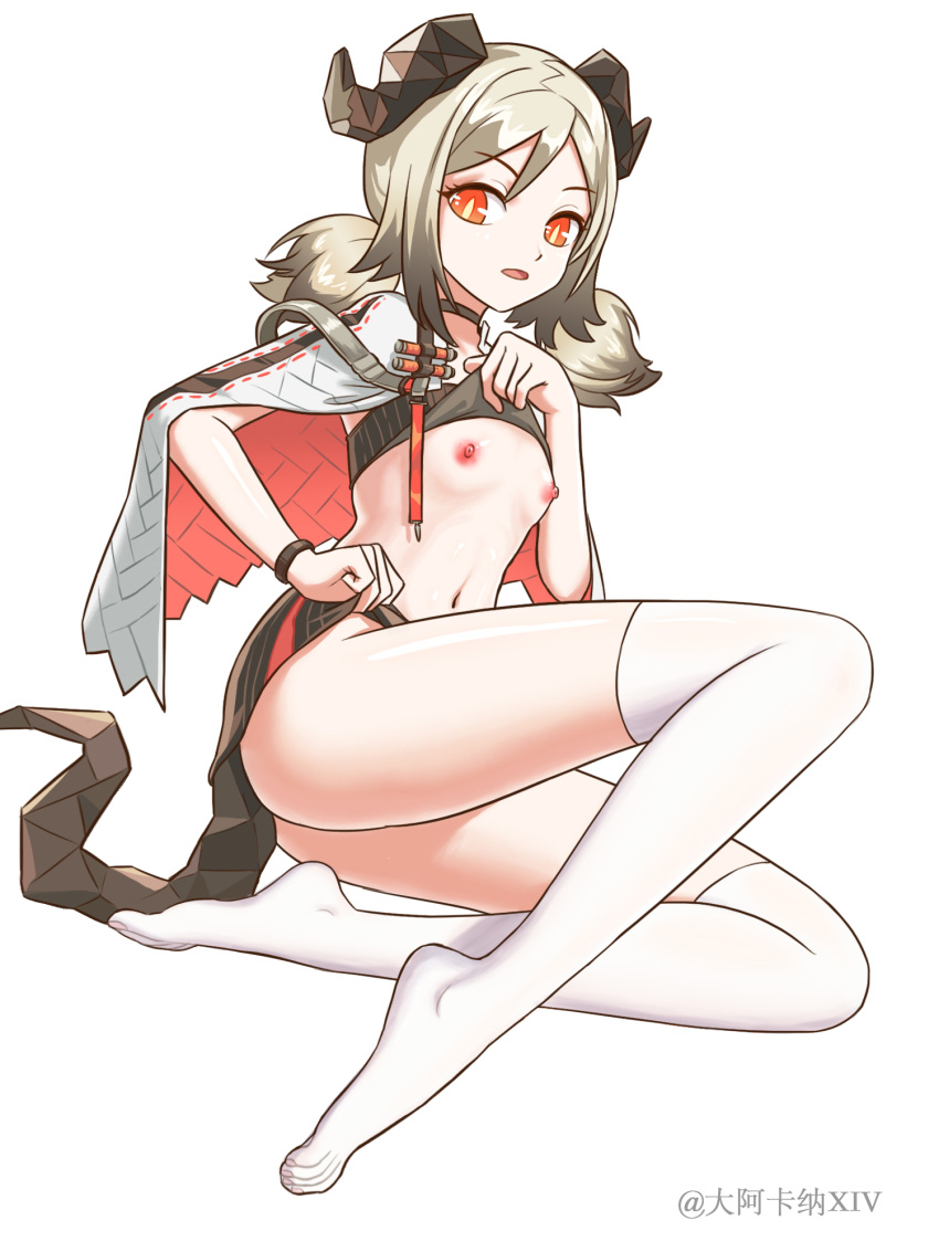 arknights blonde_hair bottomless bra bra_lift da_akana_xiv female highres horns ifrit_(arknights) nipples no_panties orange_eyes short_hair skirt skirt_lift tail thighhighs twintails underwear white_legwear