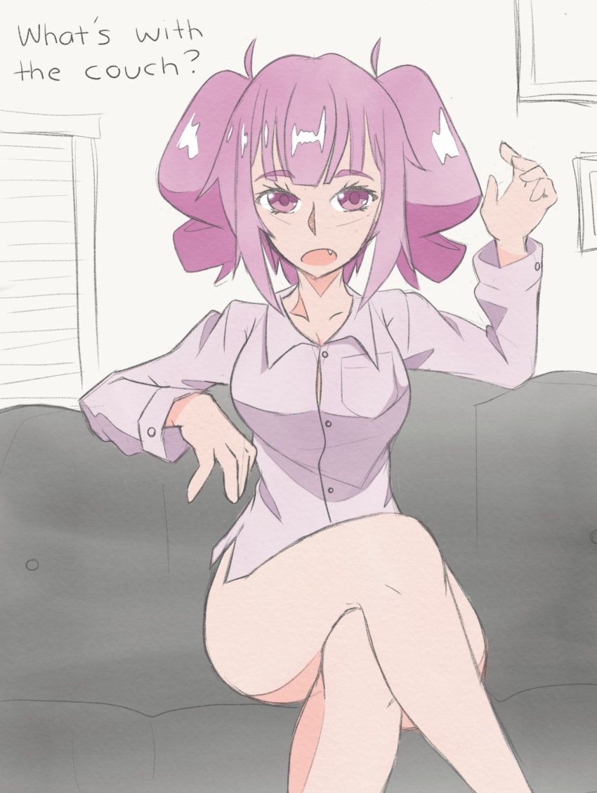 artist_request bottomless casting_couch clothing couch dress_shirt female human no_panties otachan otakuvs pigtails purple_eyes purple_hair tagme the_otachan_show topwear