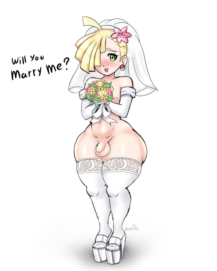 1boy alternate_outfit androgynous big_ass blonde_hair bride crossdressing cute cute_male earring eye_contact femboy flower girly gladion_(pokemon) green_eyes hair_over_one_eye happy high_heels huge_ass lips looking_at_viewer male male_bride male_only male_wife marriage marriage_proposal married naked naked_male nintendo penis platform_footwear platform_heels pokemon pokemon_sm short_hair small_penis smile solo stockings sunflora testicles text thick_thighs trap watermark wedding_band wedding_veil white_background white_thighhighs wide_hips zeriie