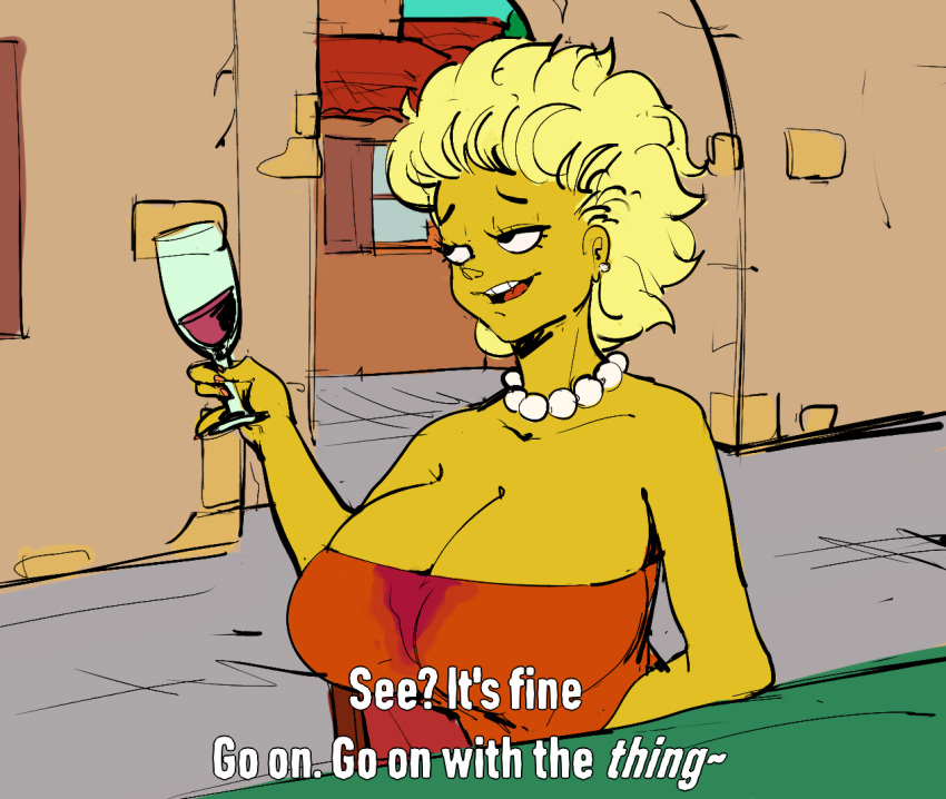 aged_up big_breasts black_eyes blonde blonde_hair dbaru dress_only drunk fully_clothed lisa_simpson no_humans non-human non-human_only stains the_simpsons wine wine_glass yellow_body yellow_bodyrnaged_up yellow_skin