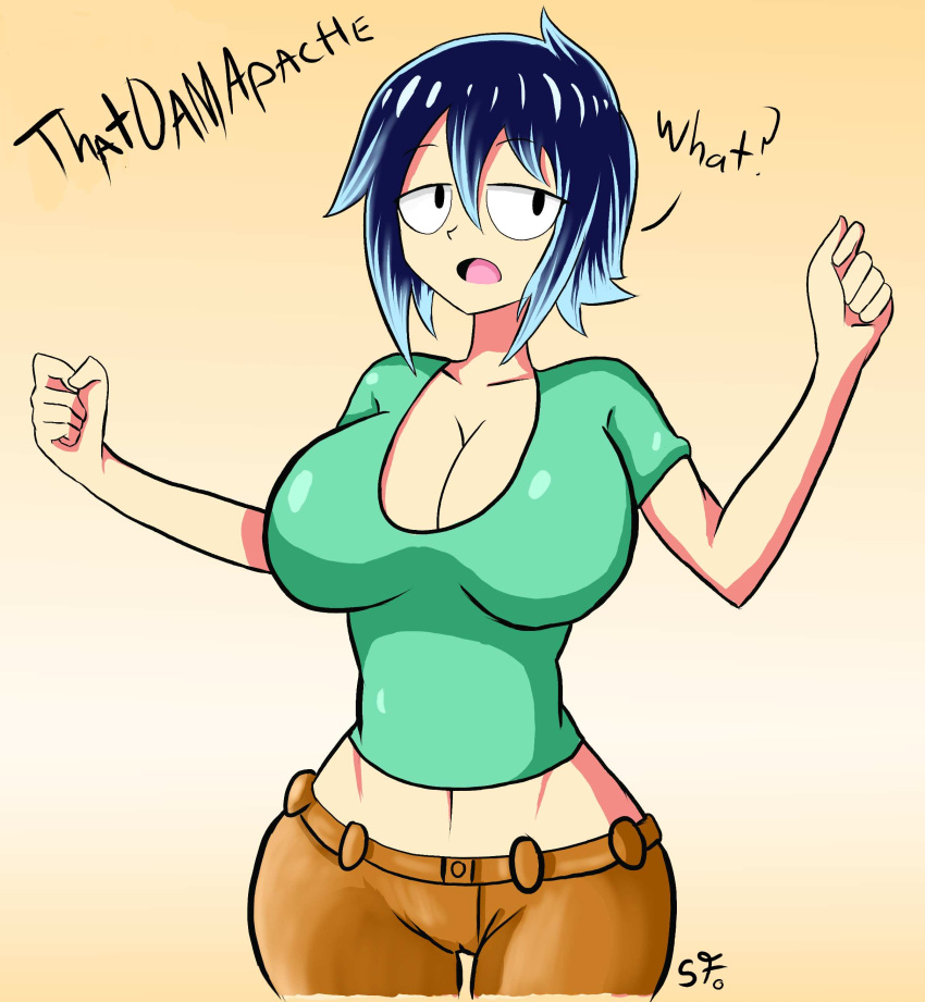 1girls artist_name big_breasts blue_hair breasts clothed female green_shirt open_mouth shelby_springfield solo thatdamapache thick_thighs thighs