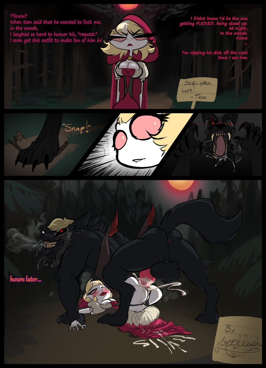 1boy 1girls angry artblush big_breasts blonde_hair broken_mask cosplay female forest frown hazbin_hotel instant_loss_2koma katie_killjoy little_red_riding_hood_(copyright) male night sex shock sign skinny smooth_skin tagme tom_trench vivienne_medrano werewolf