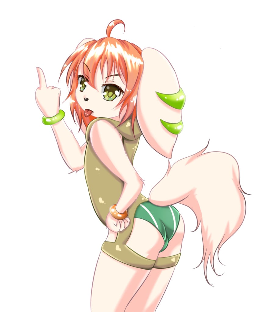 2016 anthro ass basset_hound black_nose bracelet canid canine canis clothed clothing domestic_dog female floppy_ears freedom_planet fur gesture green_eyes hair hi_res hunting_dog jewelry long_ears looking_back mammal middle_finger milla_basset mufeet orange_hair scent_hound simple_background solo swimwear tongue tongue_out video_games white_background white_body white_fur