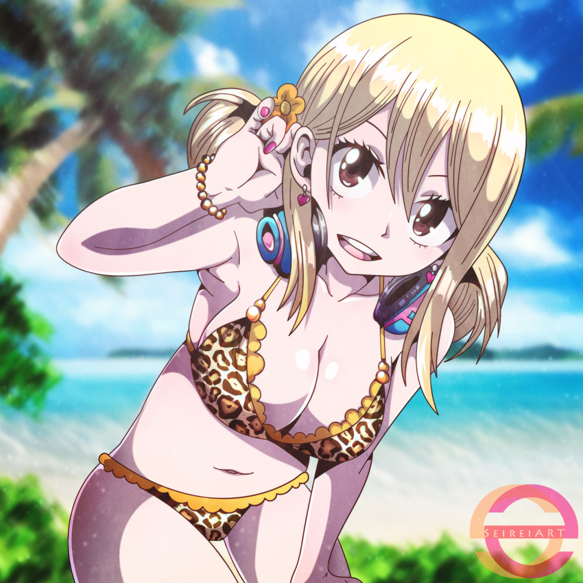 beach bikini blonde_hair earrings fairy_tail female flower_in_hair hazel_eyes headphones heart-shaped_earrings leopard_print lucy_heartfilia painted_nails seireiart smiling tropical_background