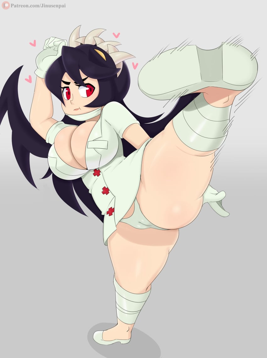 1girls artist_name ass big_breasts black_hair breasts cameltoe clothing cosplay exposed female female_only filia_(skullgirls) hair heart jinu nurse panties patreon red_eyes samson_(skullgirls) short_dress skullgirls solo stretching thick_thighs thong url valentine_(skullgirls)_(cosplay) video_games watermark white_panties