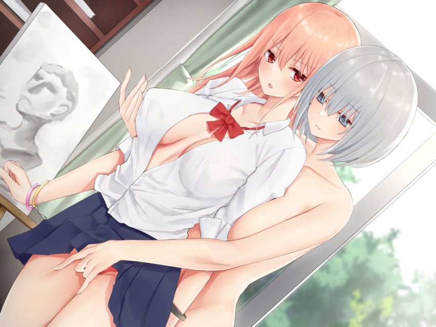 2girls blush bow breasts brown_hair fingering gray_eyes gray_hair long_hair multiple_girls no_bra nude open_shirt original piripun red_eyes school_uniform shirt short_hair skirt skirt_lift yuri