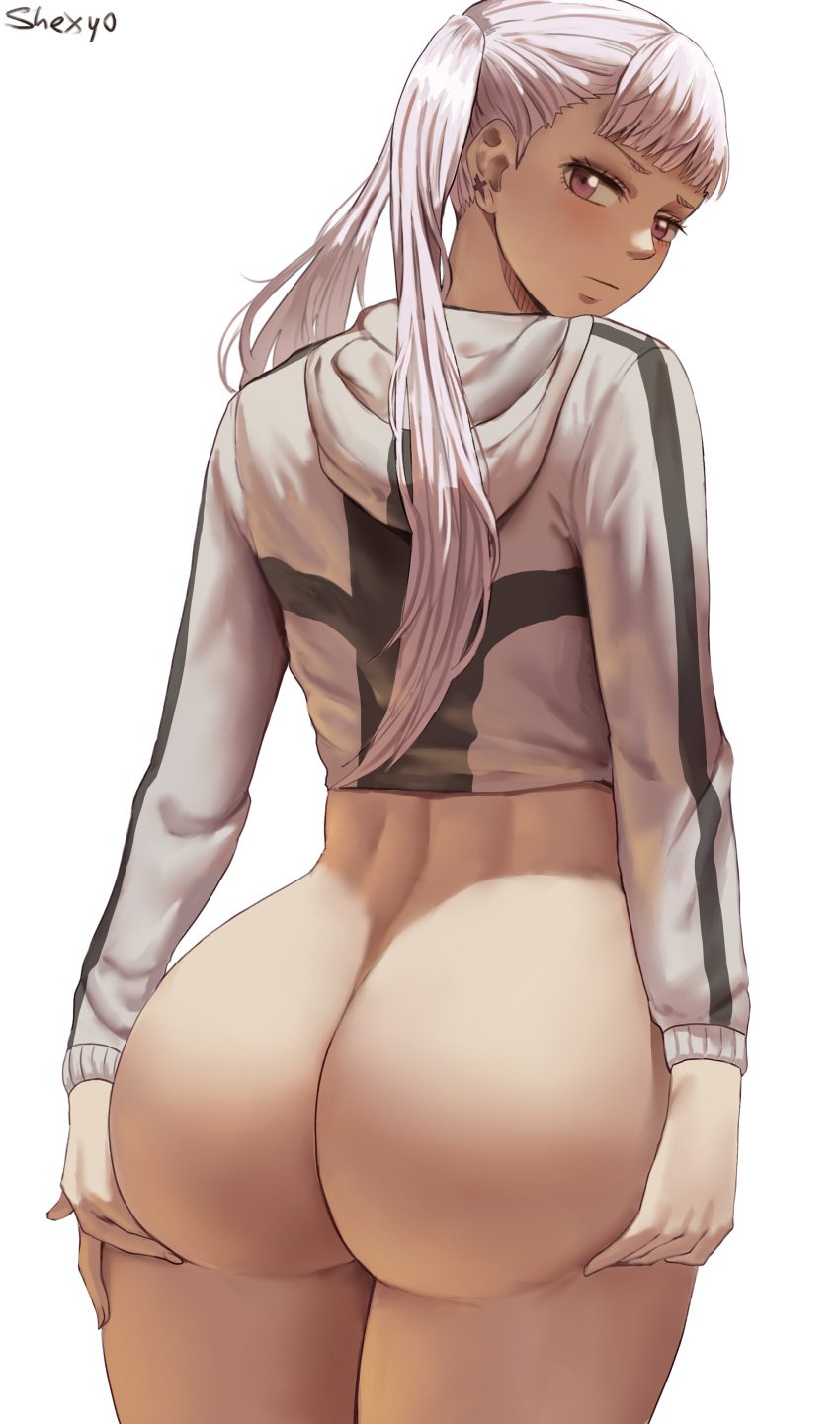 1girls 2021 artist_signature ass ass_cheeks ass_focus ass_shot ass_support back back_view black_clover bottomless bottomless_female bubble_butt dat_ass female female_focus female_only hi_res hooded_jacket huge_ass jacket long_hair long_sleeves looking_at_viewer looking_back looking_over_shoulder noelle_silva purple_eyes reaching_back shexyo shounen_jump thick_thighs thighs twintails white_background white_hair white_jacket