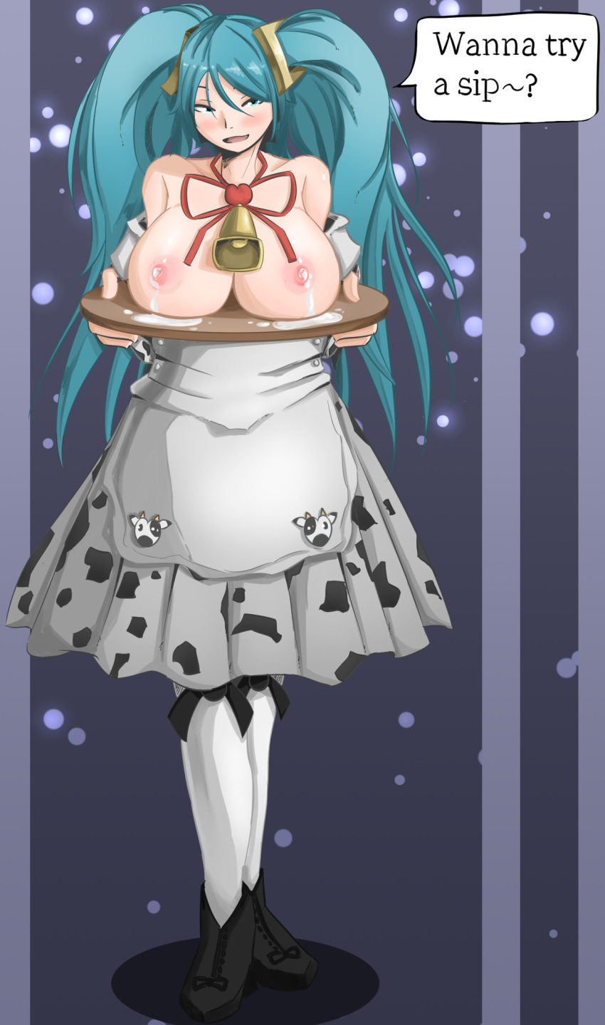 areolae bell big_breasts blue_hair breast_on_tray breasts_on_tray cow_print dress lactating lactation large_nipples league_of_legends milk nipples pencilnote red_ribbon skirt sona_buvelle