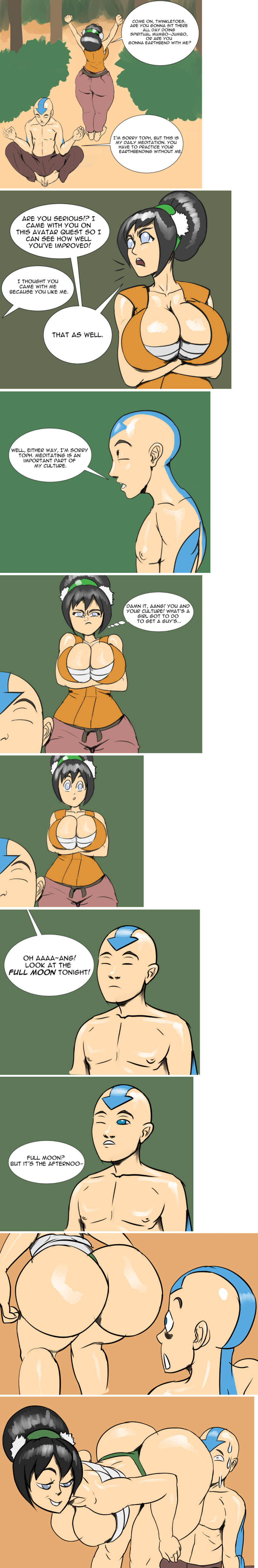 1boy 1girls aang air_nomad airbender_tattoo alternate_ass_size alternate_body_type alternate_breast_size arms_under_breasts ass avatar_legends avatar_the_last_airbender barefoot big_ass big_breasts big_butt black_hair blind bottom_heavy breasts bubble_butt chest_wrapping chest_wraps clothing comic dialogue earth_kingdom fat_ass female gray_eyes huge_ass large_ass large_breasts looking_back male meditating modaw nickelodeon panties presenting_ass presenting_butt presenting_hindquarters straight_hair taang tattoo teasing the_avatar thick_ass thick_thighs thong thought_bubble toph_bei_fong voluptuous word_balloon