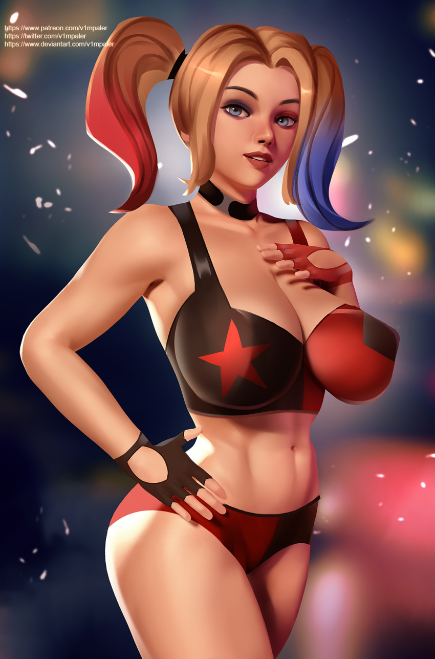 1girls abs alternate_breast_size alternate_outfit batman_(series) big_breasts blonde_hair blue_eyes breasts cleavage collar dc deviantart eye_contact female female_only fingerless_gloves half-closed_eyes harley_quinn highlights huge_breasts large_breasts lipstick patreon pigtails solo suicide_squad text url v1mpaler watermark wide_hips